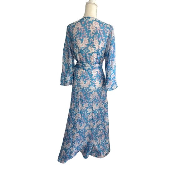 HANNAH Artwear Blue Floral 100% Silk Midi Wrap Dress One / Free Size - Picture 6 of 15